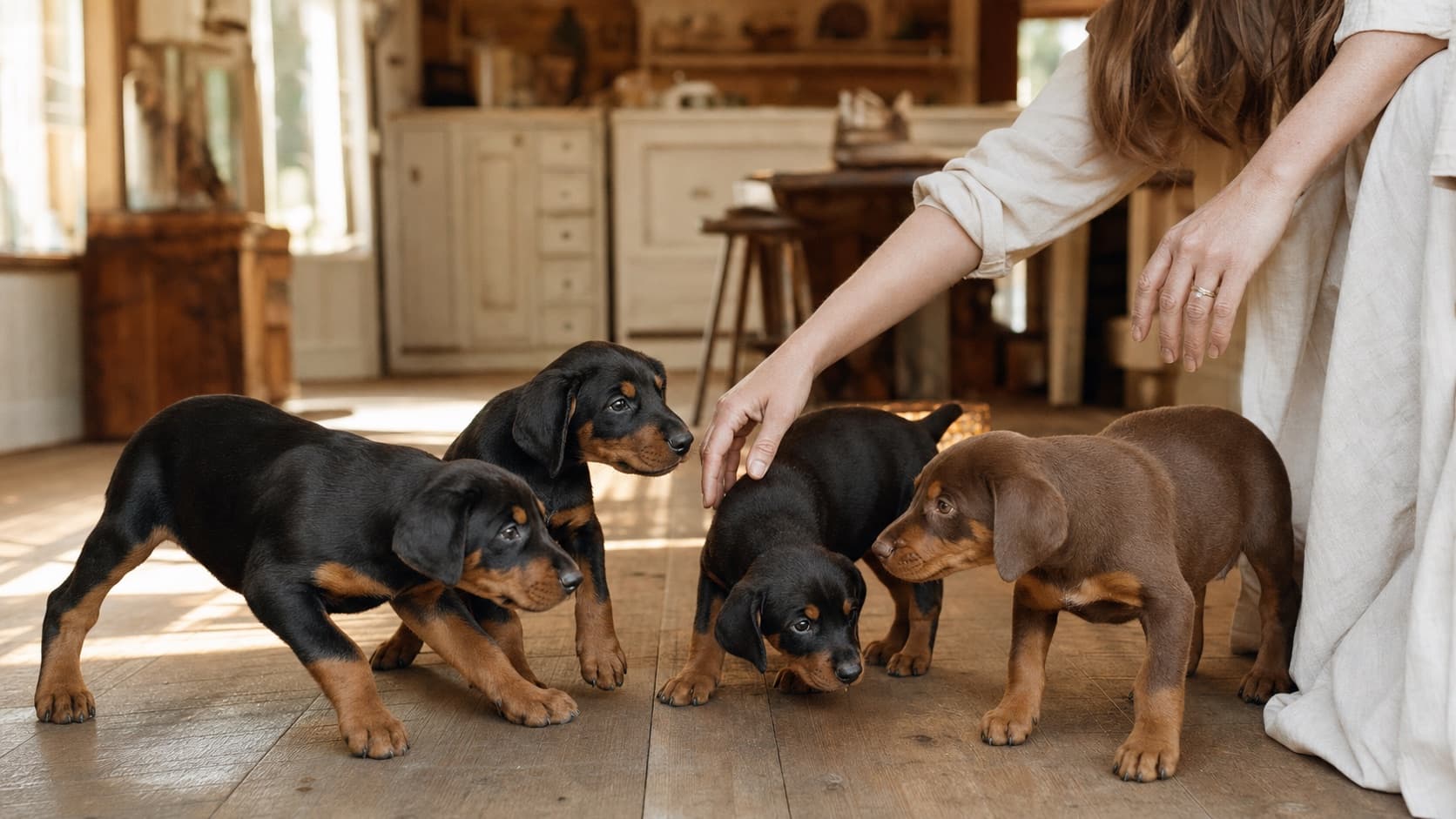 Puppies underfoot in the kitchen