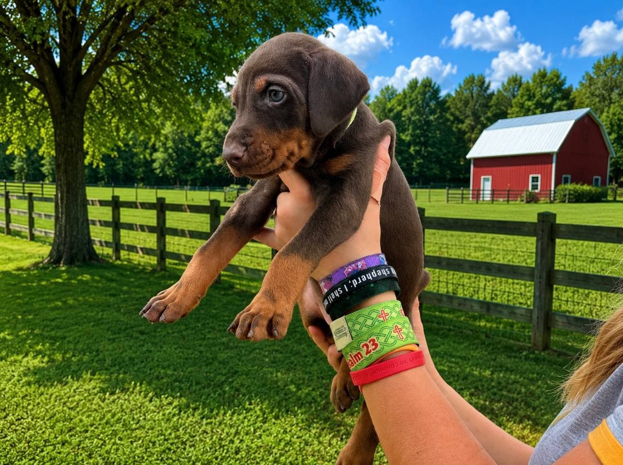 Lime Green Collar Male — Male Brown & Rust Doberman puppy