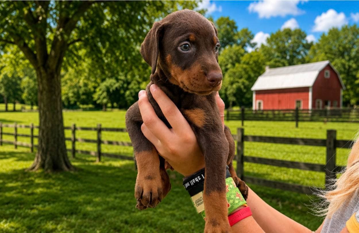 Pink Collar Female — Female Brown & Rust Doberman puppy